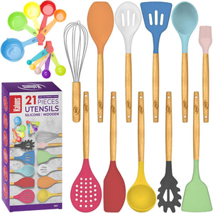 21 Piece Wooden Silicone Cooking Utensil Set