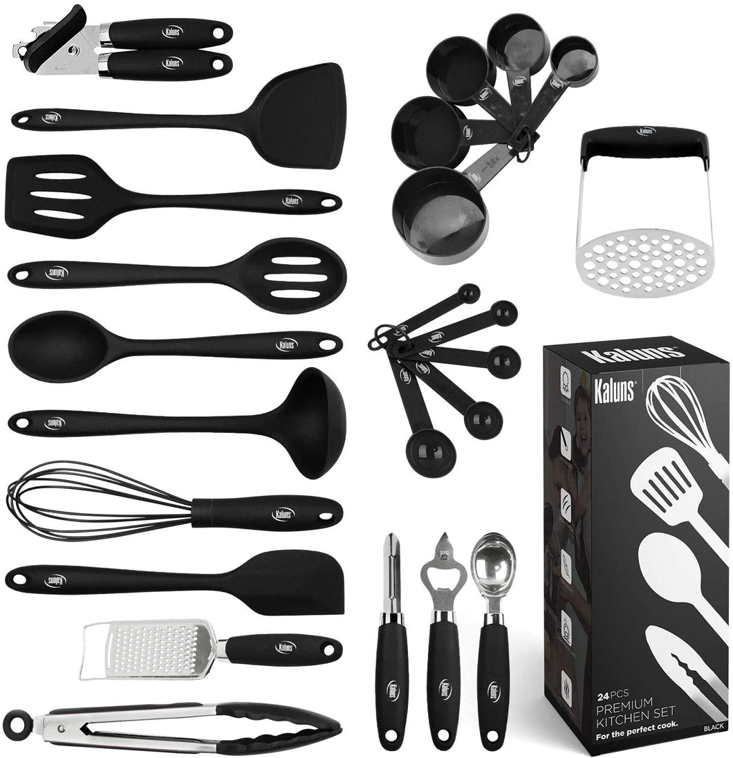 Kaluns Kitchen Utensils Set, 24 Piece Nylon and Stainless Steel Cooking Utensils, Dishwasher Safe and Heat Resistant Kitchen Tools, Gray