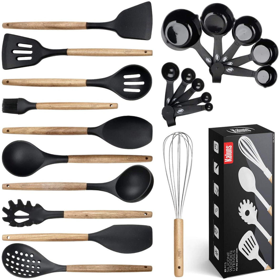 21 Piece Wooden Silicone Cooking Utensil Set