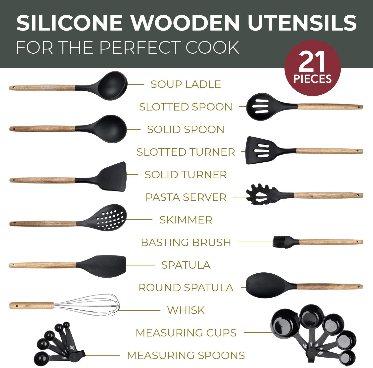 Silicone Wood Kitchen Utensils - Set of 12 – Green Walnut lifestyle